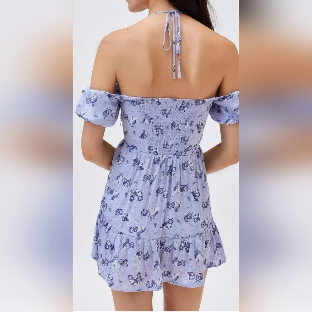 Kimchi Blue Courtney Cold Shoulder Mini Ruffle Halter Dress, Blue Cats Multi, S